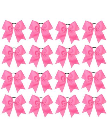 16PCS 8" Large Cheer Hair Bows Ponytail Holder Elastic Band Handmade for Cheerleading Teen Girls College Sports (16 Pcs) (Hot Pink)