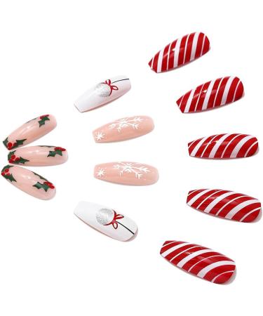 Brishow Christmas Snowflake Elk Stick on False Nails - Red Long Full Cover Tips (24pcs) for Women and Girls - Buy Online on SooperMarket.com