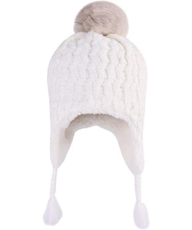 LANGZHEN Toddler Winter Hat Earflap Knit Cap Fleece Lined Beanie - White (6-12 Months) - Buy Online on SooperMarket.com