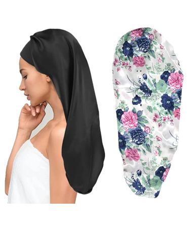 Ladaypoa 2 pieces women satin sleep cap silk hood for curly hair satin hair hood to sleep large double -layer adjustable satin hood for women black+blue flower