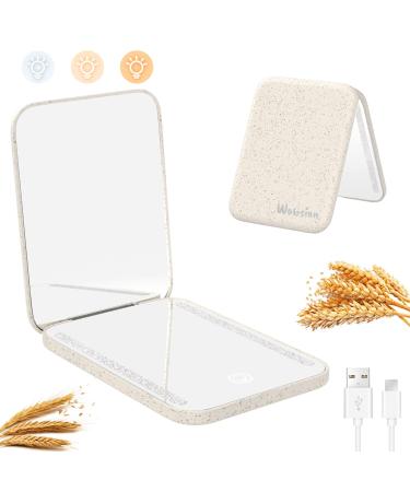 wobsion Wheat Straw Compact Mirror with Light Rechargeable Natural Organic Wheat Straw Fiber Small Pocket Mirror 1x/3x Magnifying Portable Travel Makeup Mirror for Handbag Gifts for Girls(Beige) Wheat Beige Rechargeable