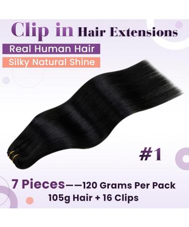 Laavoo 50cm Clip-In Hair Extensions - 105g Real Remy Human Hair #1 Black 7 Pcs for Full Volume - Buy Online on SooperMarket.com