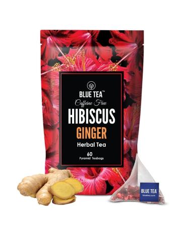 BLUE TEA - Hibiscus Ginger Herbal Tea - 60 Tea Bags || CAFFEINE FREE || Hibiscus - Ginger | Detox - Soothing | Vegan - Gluten Free - Non-GMO | Eco-Conscious Ziplock Pouch