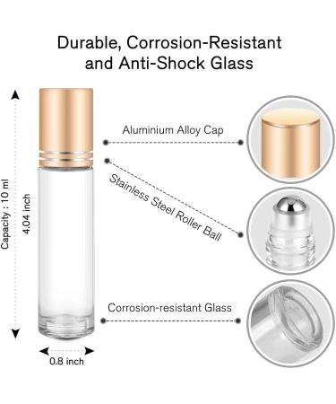 PrettyCare 10ml Essential Oil Roller Bottles | Glass Clear Perfume Containers with Extra Accessories | 4 Pack with Gold Caps for DIY Aromatherapy - Buy Online on SooperMarket.com