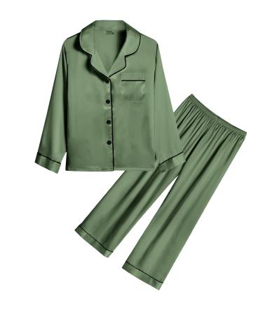 SWOMOG Unisex Kids Silk Pyjama Set Girls Boys Satin Pyjamas Long Sleeve Button Down PJs Soft & Silky Sleepwear for Children Baby Teenage 6-7 Years Matcha