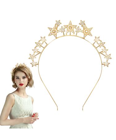 Stars Headband Glittering Star Halo Crown Headband Rhinestone Star Headband Goddess Headpiece Bridal Hair Accessories Star Rhinestone Tiara for Women Girls Wedding Party (Golden)
