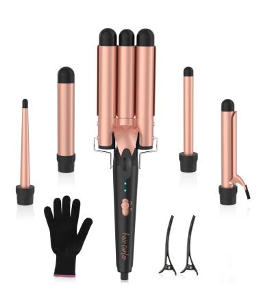 Curling Iron Set, Professional 5 in 1 Curling Wand with 3 Barrel Hair Waver, Dual Voltage Hair Curler, Instant Heating, Temp Adjustment for Wavy/Air Bang/Ringlet/Spiral with Heat Resistant Glove