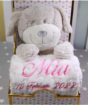 Botobaby Personalized Baby Gift Set - Custom Baby Blanket Plush Toy & Birth Details | Perfect for Baptism & Baby Shower (Beige Dog) - Buy Online on SooperMarket.com