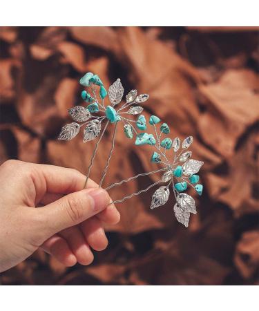 Earent Turquoise Leaf Crystal Wedding Hair Pins - Bridal Hair Accessories for Women and Girls (Pack of 2) - Buy Online on SooperMarket.com