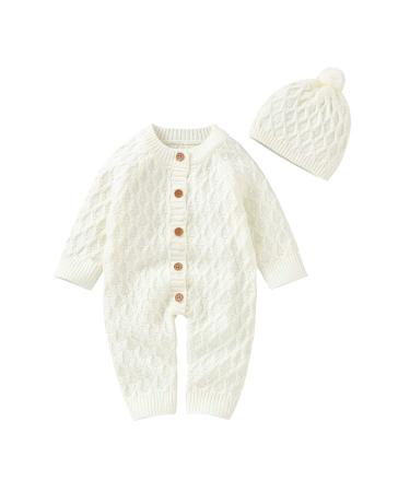 DovFanny Baby Boys Girls Romper Suit Lovely Solid Color Knit Jumpsuit Cute Casual Long Sleeve Winter Warm Outfit Clothes with Hat for Newborn Baby 0-3 Months White