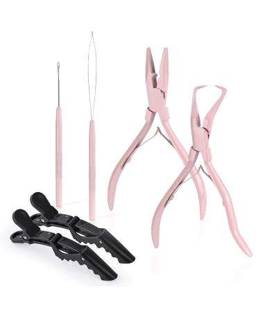 EHDIS Hair Extensions Tools Kit 2 Stainless Steel Pliers for Hair Apply&Remove Micro Ring Loop 2 Loop Needle Threader Pulling Hook 2 Clip Multi Functional Hair Extension Tool Pink