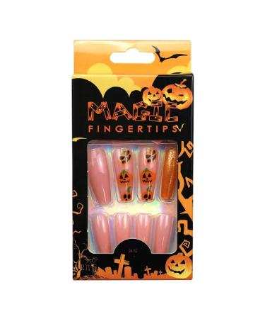 Halloween Nail Stickers Halloween Press on Nails Medium Length Fake Nails Acrylic Nails Pumpkin Black Flame Cross head Design Nails Fake Nails Glue for Women and Girls