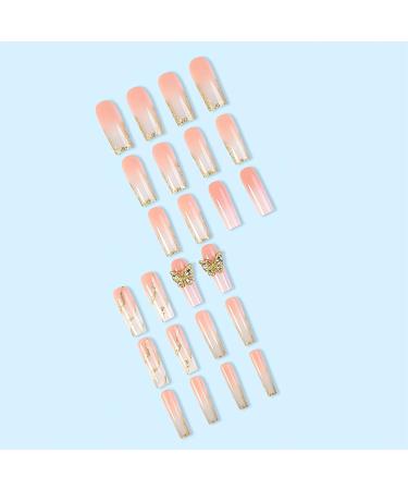 Buy Glossy Ombre Nail Press Ons - 24Pcs Coffin Fake Nails with 3D Butterfly & Gold Glitter - Ideal for Women - Buy Online on SooperMarket.com
