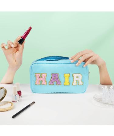 Nylon Waterproof Preppy Makeup Bag - Girls Chenille Letter Portable Travel Organizer for Toiletries and Cosmetics Storage (Blue Hair) - Patches Included - Buy Online on SooperMarket.com