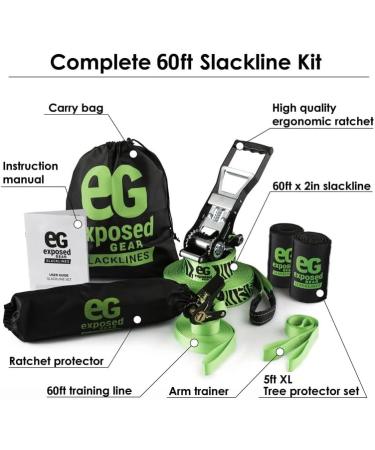 60ft Slackline Kit with Training Line, Tree Protectors, High Grade Ratchet, Arm Trainer, Instruction Booklet, Carry Bag - Green | Perfect Slackline Set for Kids and Adults - Buy Online on SooperMarket.com