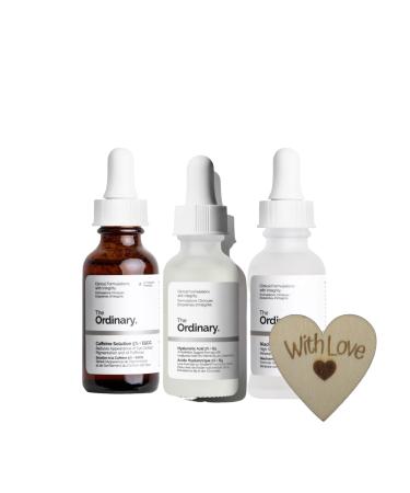 AETN Creations Ordinary Most-Loved Set of Hyaluronic Acid Niacinamide + Zinc and Caffeine Solution with AETN Keepsake Heart Gift Full Size 30ml Btls