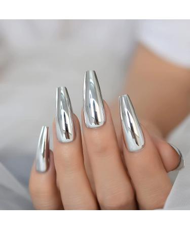 Silver Punk Metallic Press On False Nails - Long Coffin Ballerina Chrome Mirror Fake Nails - Full Cover Acrylic Nail Tips with Glue Tape - Women/Girls - L5883-1 - Buy Online on SooperMarket.com