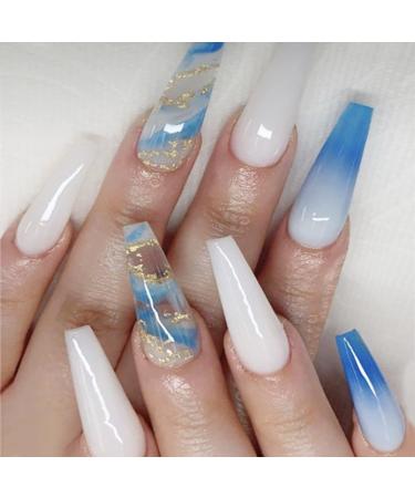 Long Press on Nails Coffin Fake Nails White Blue Gold Foil False Nails with Designs Acrylic Artificial Glossy Gradient Manicure Art Square Full Cover Glue on Nails Stick on Nails for Women Girls24Pcs