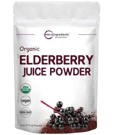 Micro Ingredients Organic European Black Elderberry Juice Powder  4 Ounce  Cold Pressed  Flash Pasteurized for Safety  Supports Immune System  Energy and Vascular Health  No GMOs  Vegan Friendly 4 Ounce (Pack of 1)