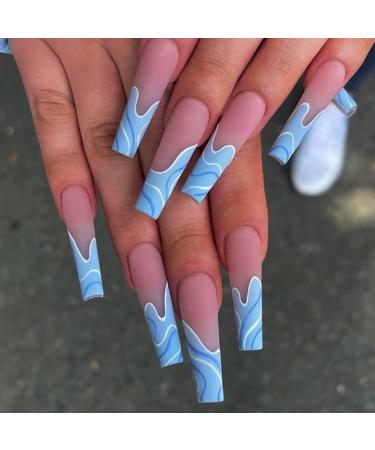 Brishow Artificial Nails Long False Nails Wave Press on Nails 24pcs for Women and Girls (Blue)