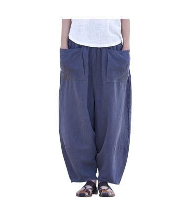 Gufesf Women's Cotton Linen Palazzo Pants Casual Wide Leg Long Trousers with Pockets Linen Pants for Women High Waisted L2-dark Blue Small