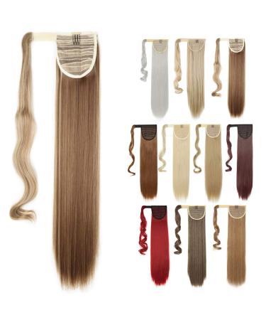 Silk-co Straight Pony Tail Hairpiece Clip in Hair Extensions 23" Wrap Around Ponytail Highlights Long for Women (Light Brown&Blond) 23 Inch Light Brown&Blond II