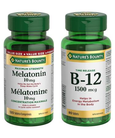Nature's Bounty Melatonin 10mg 120 Count Value Size Helps Reset Body's Sleep-Wake Cycle Reduce Effects of Jet-lag Reduce Time it Takes to Get to Sleep & Time Release Vitamin B-12 Tablet 1500 mcg