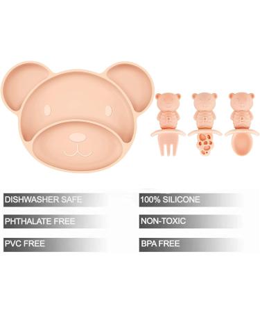 PandaEar Silicone Suction Plate Toddler Set | BPA-Free Divided Baby Food Plate with Spoon and Fork | Dishwasher & Microwave Safe | Bear Shape (Pink) - Buy Online on SooperMarket.com