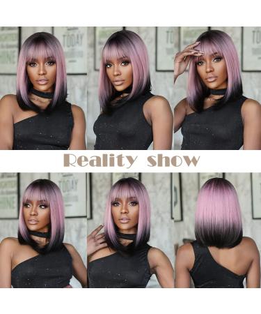 Allbell Black Pink Ombre Bob Wigs for Women | Short Straight Wigs with Bangs | Natural-Looking Hair Replacement for Cosplay & Parties - Buy Online on SooperMarket.com