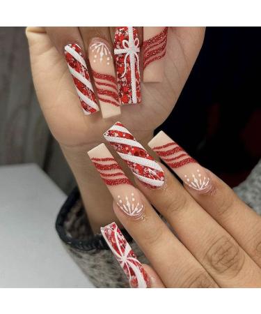 Vatocu Christmas False Nails Long Xmas Press on Nails Snowflakes Glitter Fake Nails Ballerina Acrylic Stick on Nails for Women and Girls(24pcs)