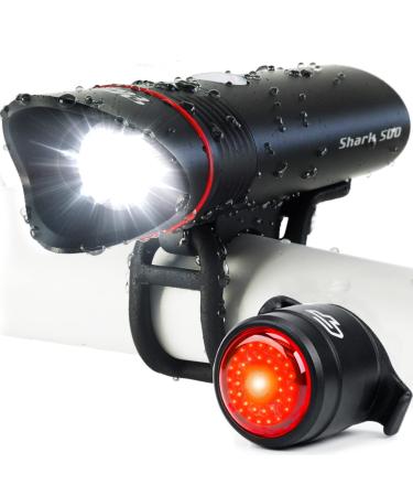 Bike Lights for Night Riding, USB Rechargeable Shark 500 Ultra Bright LED Bike Light Front and Back Safety Tail Light Included, Bicycle Light Compatible with Mountain, Road, Kids & City Bicycles Black Combo