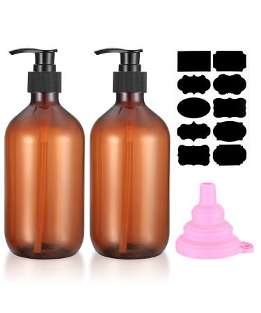 2 pieces 500 ml of shampoo bottles for filling shower gel bottle empty refillable pumping soap donor plastic for lotions shampoos with funnels labels (brown)