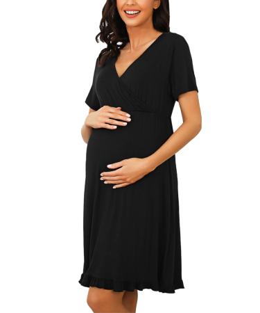 Bresdk Women's Maternity Nightdress Breastfeeding Nightwear Nursing Pyjamas Pregnancy Hospital Black Short Sleeve M