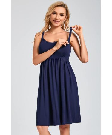 Sosolism Women's Nursing Nightdress - Dark Blue XL | Padded Lace Trim Breastfeeding Dress with Adjustable Straps - Buy Online on SooperMarket.com