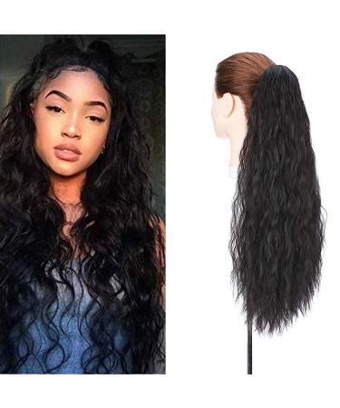24" Long Ponytail Extensions Yaki Synthetic Claw Clip in Pony Tails Corn Wave Ponytail Curly Hairpiece for Women Natural Black 24inch (Pack of 1) Yaki-Natural Black