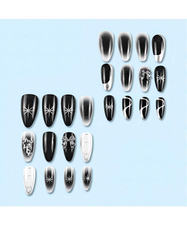 Buy Almond Press on Nails - Medium Black Ombre False Nails with 3D Bow Designs & Star Charms | Glossy Acrylic Stick-On Nails for Women - 24PCS - Buy Online on SooperMarket.com