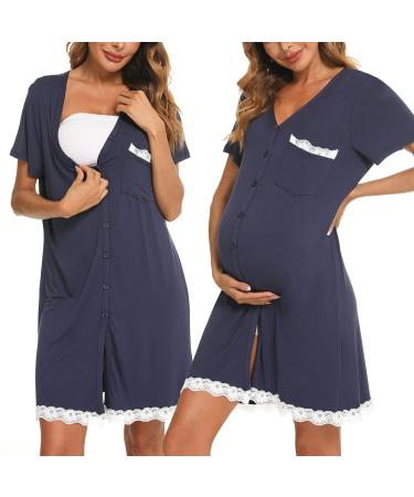 Uniexcosm Maternity Nursing Nightdress Women's Short Sleeve Nightwear Soft Button Down Nightgown Stripe Sleepwear Maternity Pyjamas Nightshirt Dark Blue S
