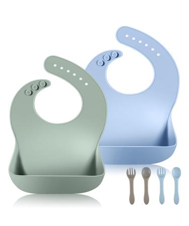 Vicloon Silicone Baby Bib 2PCS Baby Weaning Bibs with Fork Spoon Waterproof Baby Feeding Bibs Adjustable with Wide Food Catcher Pocket Unisex Toddler Bibs (Blue-Green) blue-dark green