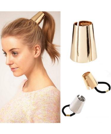 2PCS Gothic Punk Metal Hair Ties Ponytail Hair Cuff Metal Elastic Hair Clips Ponytail Holder Buckle Hair Band Hair Rope Hair Rings Hair Accessory Headwear for Women Girls(Gold + Silver)