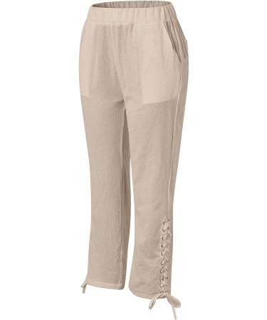 Womens Linen Capri Pants with Side Hollow Out Detail, Boho Summer Beach Pants with Pockets - Khaki XX-Large - Buy Online on SooperMarket.com