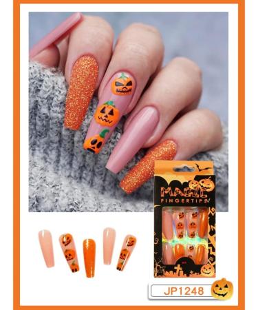 Halloween Nail Stickers Halloween Press on Nails Medium Length Fake Nails Acrylic Nails Pumpkin Black Flame Cross head Design Nails Fake Nails Glue for Women and Girls - Buy Online on SooperMarket.com