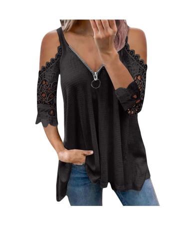 JEGULV Women's Cold Shoulder Tops Tee Short Sleeves Zipper Floral Print Blouse Sexy Casual Summer V Neck Loose T Shirts D-black XX-Large