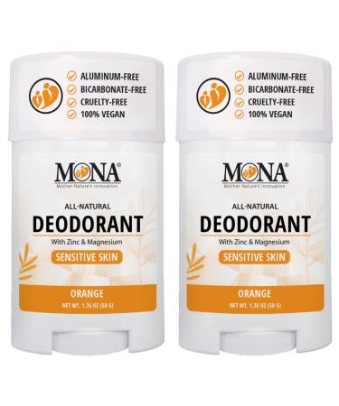 MONA BRANDS All Natural Deodorant For Women & Men | For Sensitive Skin | No Aluminum or Baking Soda | (2-Pack ORANGE 1.76 Oz each)