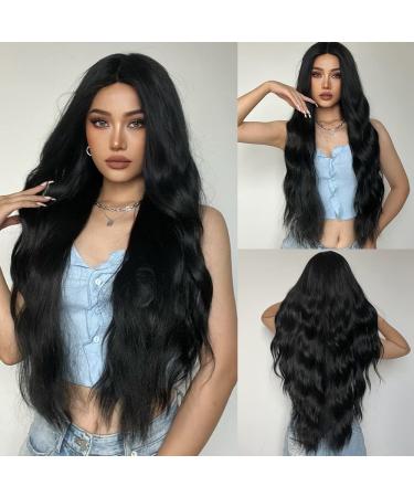 28inch Long Black Wig for Women Natural Looking Synthetic Long Wavy Wigs Middle Part Heat Resistant Long Wig for Daily Party Wear (Black)