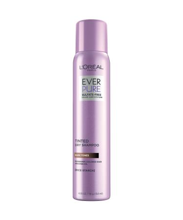 L'Oreal Paris EverPure Sulfate Free Tinted Dry Shampoo for Dark Hair, for Brown and Black Hair, Absorbs Oil, Refreshes Colored Hair, with Rice Starch, Vegan Formula, Paraben and Gluten Free, 4 fl oz