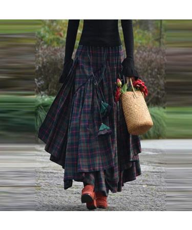 Sanahy Women's Plaid Print Retro A-Line Maxi Skirt - Green | Ankle-Length, Elastic Waist, Fringe Detail - Buy Online on SooperMarket.com