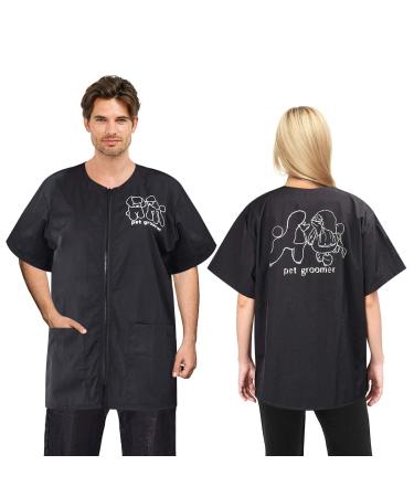 No lifting short-sleeved in-house care work clothes with continuous zipper XL size waterproof antistatic pet cosmetic coat men's and women's groomer uniforms for PET Shop