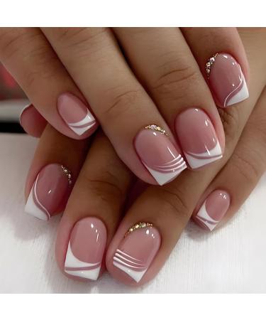 False Nails Short French Stick on Nails 24pcs Square Pink Press On Nails with Glue Elegant Design Sweet Fake Nails for Women Girls (Sweet French)