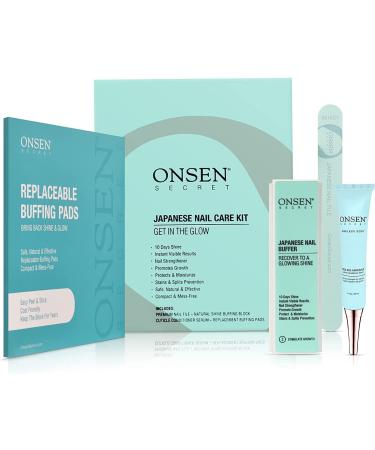 Onsen Secret Japanese Nail Buffer and Shine Kit - Professional Nail File, 3-Way Nail Buffer Block w/ Free Replacement Pads & Nail Strengthening Cuticle Cream for Healthy Nails, Nail Care Kit, 1pk 1 Count (Pack of 1)