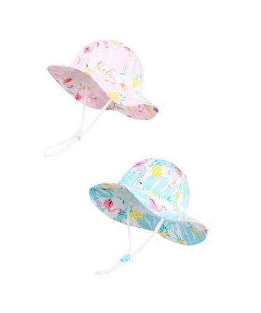 LANGZHEN Beach Sun Protection Hat for Baby Girls Adjustable Toddler Kids Hat Wide Brim Summer Play Hat with Chin Strap Flamingo-Pink+Blue 6-12 Months